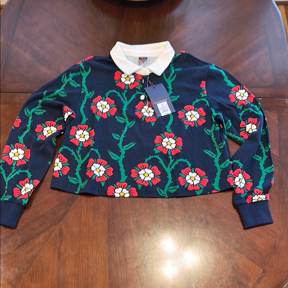Rowing Blazers Floral Navy Blue Cropped Knit Polo